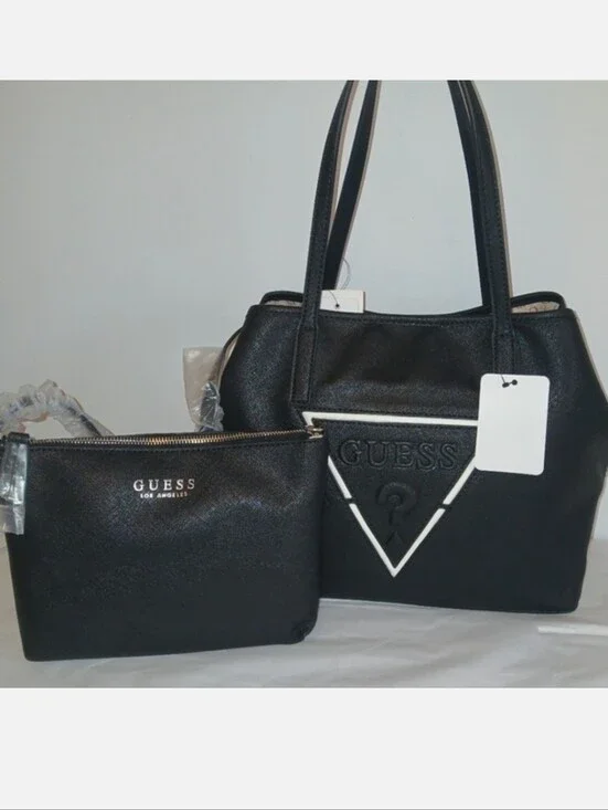 2 Pc Set GUESS Portini Triangle Logo Trap Tote & Wristlet Large, Black