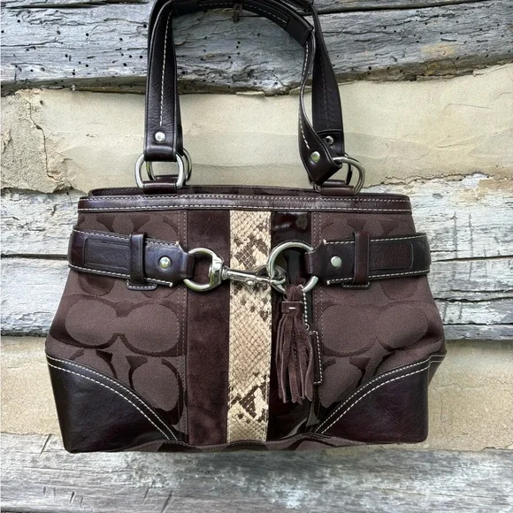 Coach Brown Signature Canvas Satchel with Snakeskin Stripe