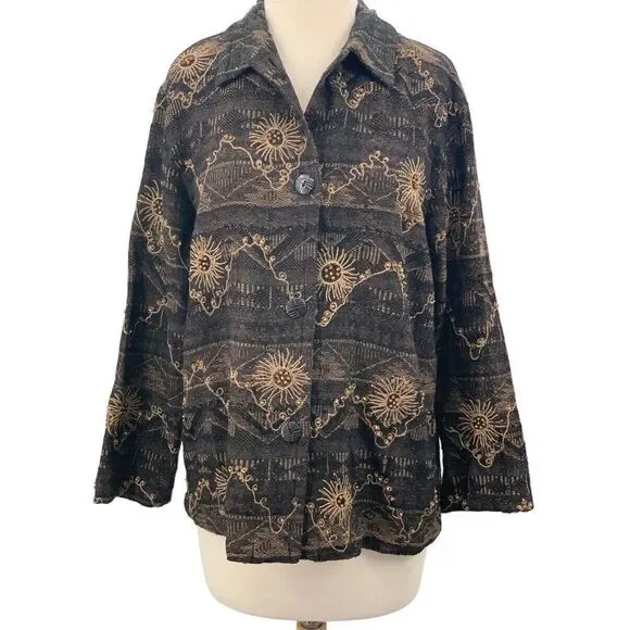 Chico's Design LS Button Front‎ Silk Blend Jacket Black/Tan Beaded Embroidered M