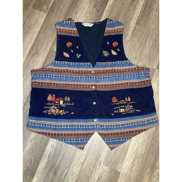 Vintage Patchwork Corduroy Vest XL/2X Embroidered Cabin Cottage Teacher Granny