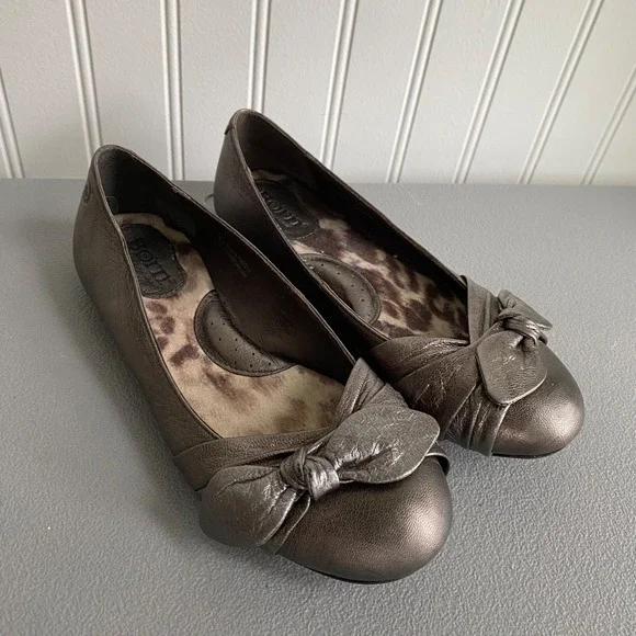 Born Womens Molly Metallic Leather Ballet Flats Size 5 Bow Feminine Shoes Boho