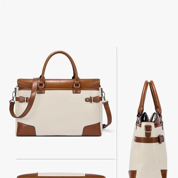 Bostonian Cream and Brown Two-Tone Satchel with Top Handles