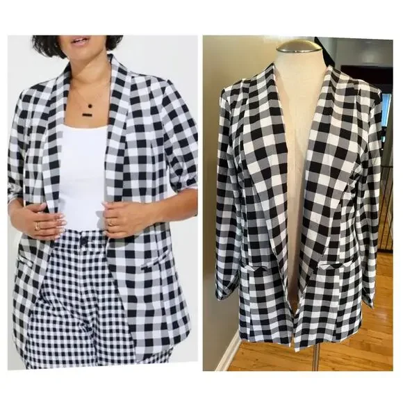 Torrid 5 (5X) Retro Gingham Black/White‎ Plaid Parker Studio Crepe Blazer Jacket