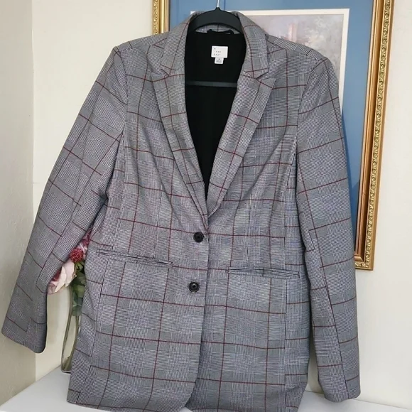 Double Button Blazer Size Medium Career Contemporary Preppy Plaid Glam Formal