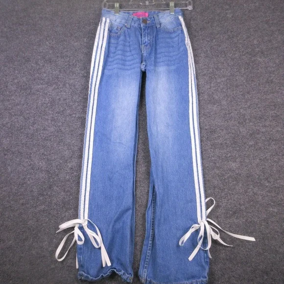 Telepatia Jeans Womens 00 Blue Side Stripe Wide Leg Bow Hem Denim 23x29 Casual