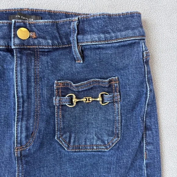 Ann Taylor Flare Jeans High Rise Patch Pocket Horsebit Stretch Size 10‎ Blue