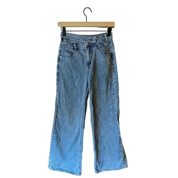 VTG Y2K Wide Leg Jeans Flare Asymmetric Double‎ Waistband Bratz Medium Wash 26