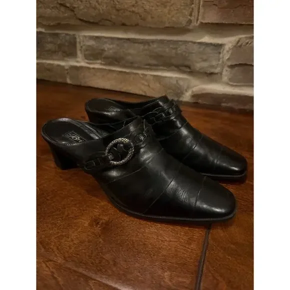 Brighton Tamia Black Heeled Mules Women's 8 M Braided Silver Buckle Leather