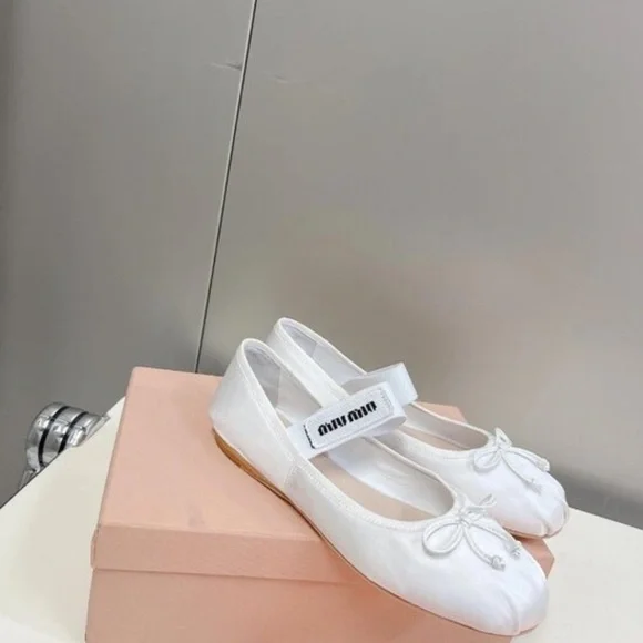 Miu Miu White Leather Mary Jane Ballet Flats with Logo Strap