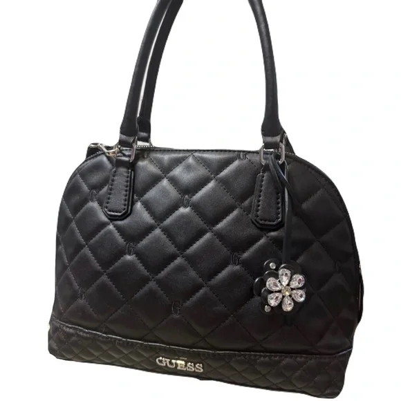 Black Quilted Floral Satchel by GUESS