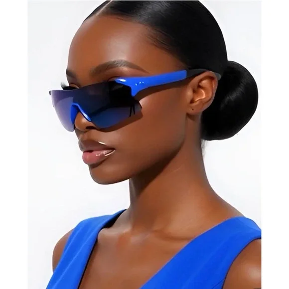 Blue Shield Wrap Sunglasses Oversized Mirrored Rimless‎ Sporty Futuristic Y2K Nw