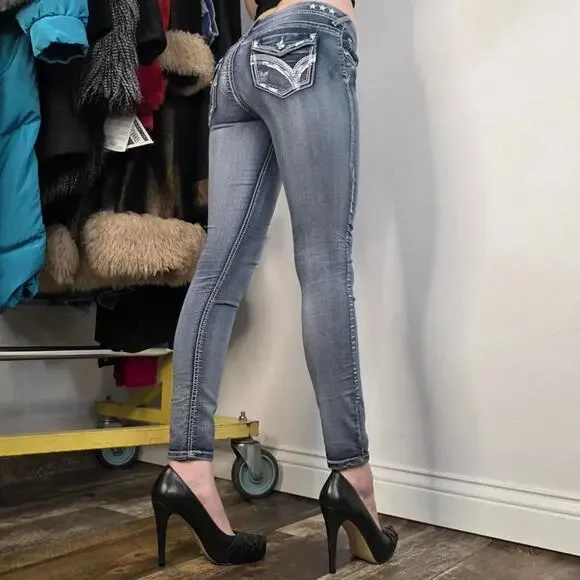 Low Rise Skinny Jeans Flap Pockets Contrast Stitching