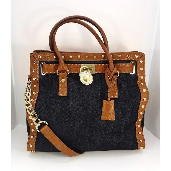 Michael Kors‎ Hamilton Denim Croc Embossed Leather Studded Tote Indigo Brown COA