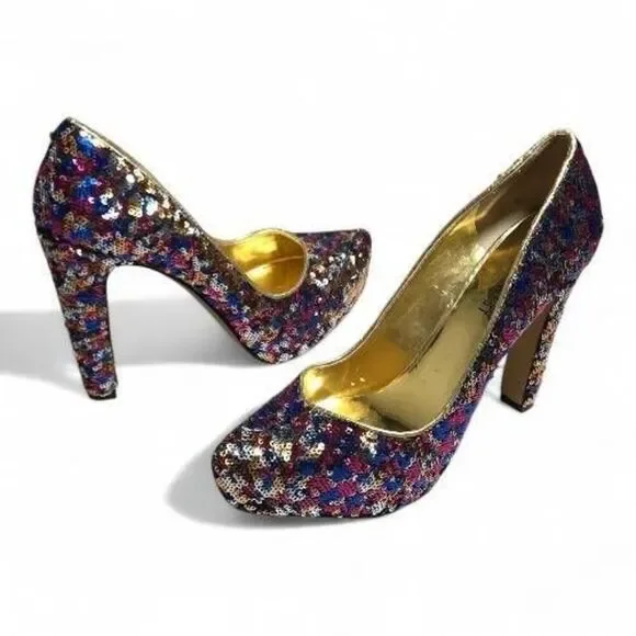 Nine West Cress Multi-Color Sequin Platform Pumps | Glam Party Heels | Size 6.5