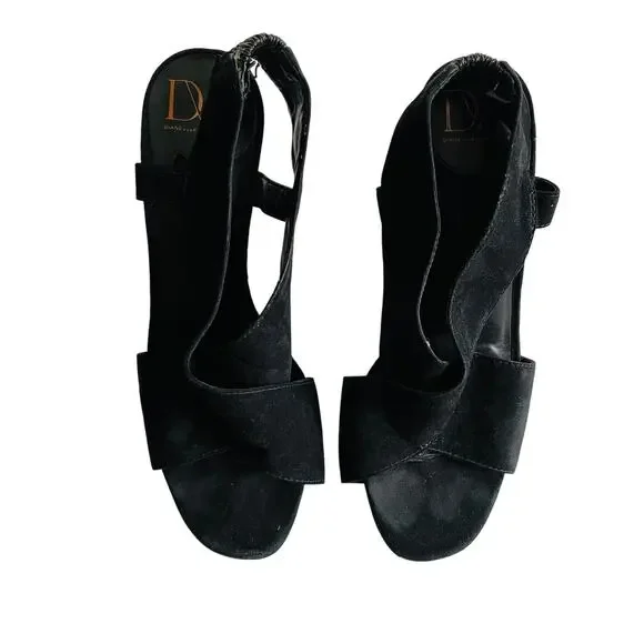DVF Suede Criss Cross Open Toe Heel 6 Black Sandal Chunky Dance Party