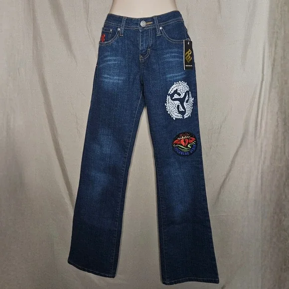Rocawear Denim Jeans Dark Wash Embellished Patches‎ Bootcut