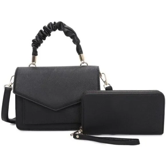 Women Black Elegant Two Piece Messenger Top Handle with Full Size Zipper Wallet