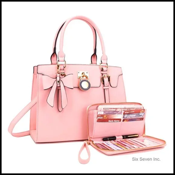 Top Handle Satchel Tote Shoulder Work Bag Set With Matching Clutch Wallet