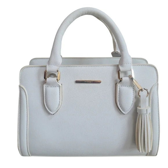 Chic White Faux Saffiano Leather Satchel with Gold Hardware & Tassle