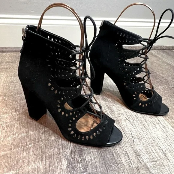 Womens Black Suede Lace up Block Heels Size 7.5 14th &‎ Union Cecily-Lea