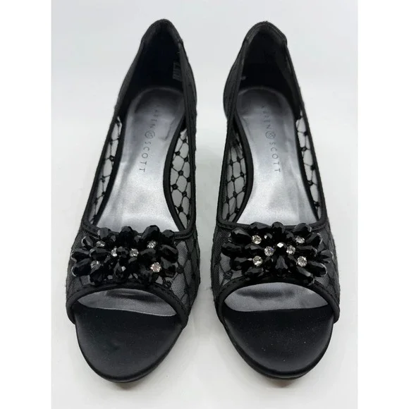Karen Scott Womens Black Mesh Peep Toe Kitten Heels Beaded Evening Shoes Sz 8