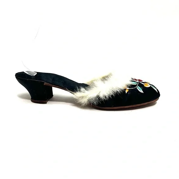 Antique 1920s black silk satin fur trim floral embroidered boudoir slippers