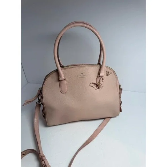 Kate Spade Pink Saffiano Leather Butterfly Floral Satchel Crossbody Bag