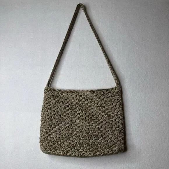The Sak Crochet Knit Woven Boho Shoulder Handbag Taupe Lined Interior Pocket‎