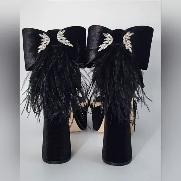 NEW Antonio Melani Black Velour Rhinestone Wings Feathered Platforms 7.5 8.5 9.5