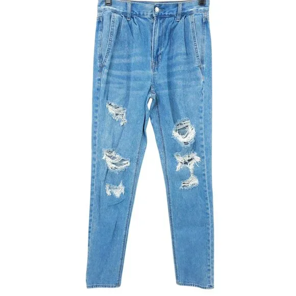 American Eagle Mom Jean PLEATED FRONT Size 2 High Rise Distressed Med Wash Retro