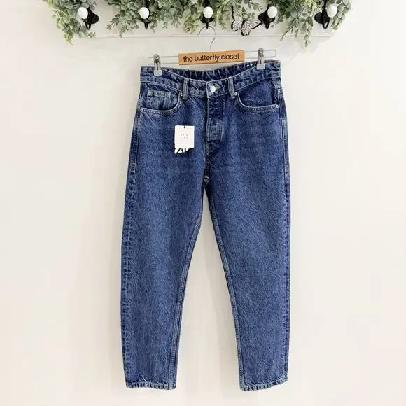new ZARA Jeans Womens Blue Button Fly High Rise Straight Leg Essentials Size 6
