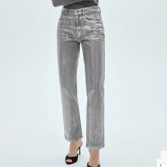 Mango Silver Shimmer High-Rise Jeans STRAIGHT FOIL JEANS 7131