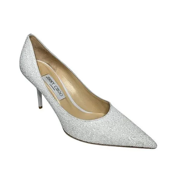 Jimmy Choo Love 85 White Coarse Glitter Heels EU 40.5 Slip On Wedding Pumps
