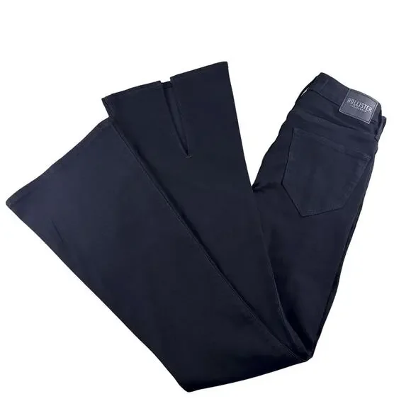 Hollister Jeans High Rise Flare Women's 25 Black Slit Hem 31 Inseam sz 1 Stretch