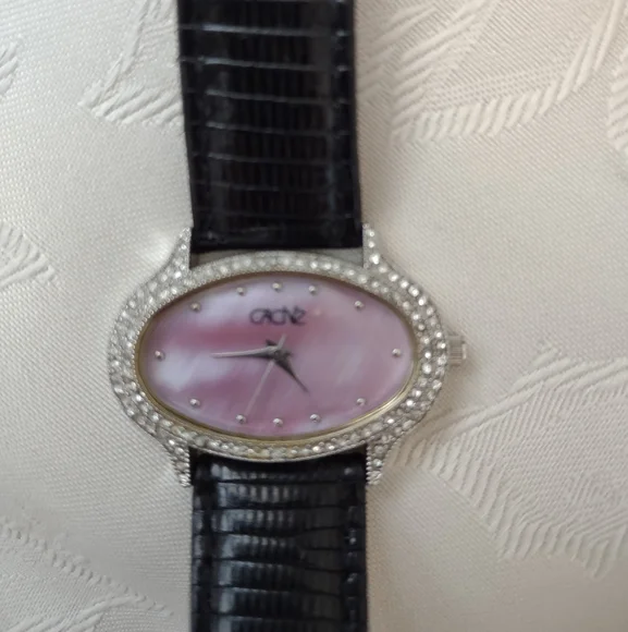 Cache Oval Crystals Pink Mother Of Pearl Watch Lizard Black Leather Strap