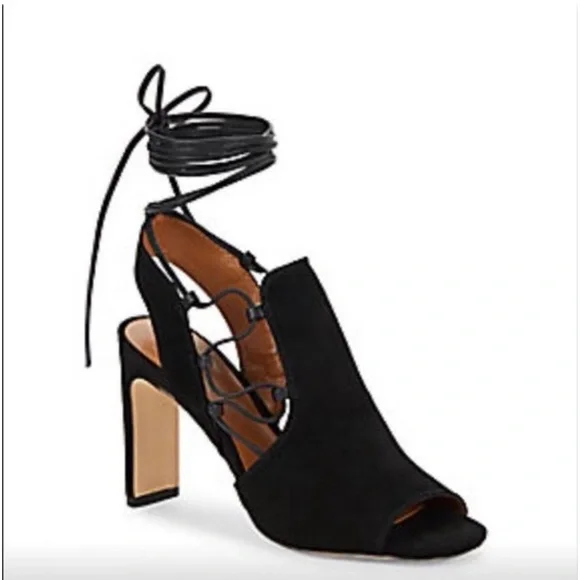 H by Halston Black Lace-Up Block Heel Sandals Peep Toe Size 7.5