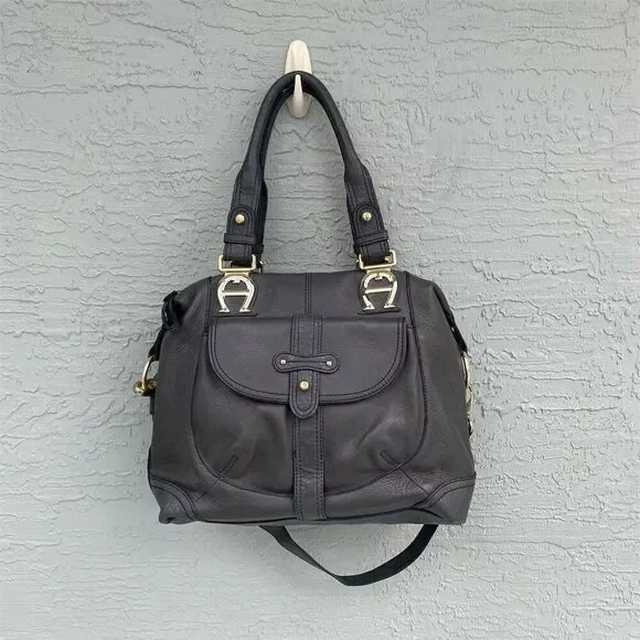 Etienne Aigner Elegant Leather Satchel with Gold Hardware for Women