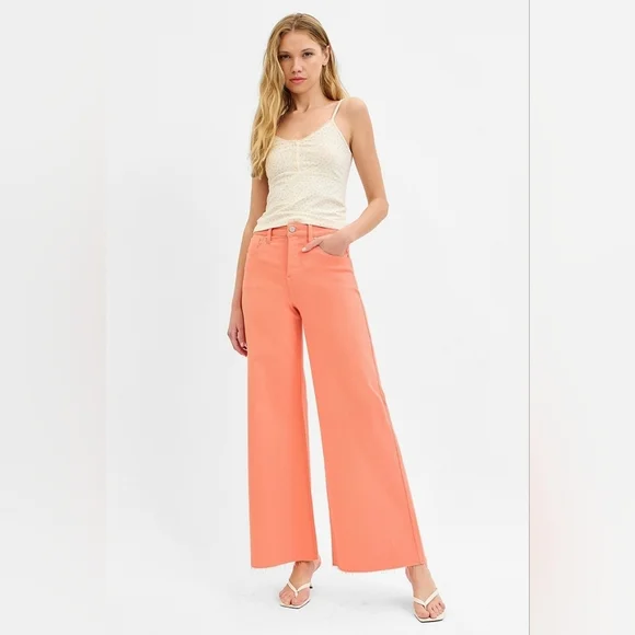 Risen High Rise Tummy Control Wide Leg Palazzo Jeans Coral Peach Various NEW