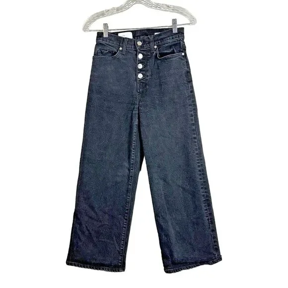 BLDWN Size 25 Carbon Black Wide Leg Cropped Exposed Button Fly Jeans