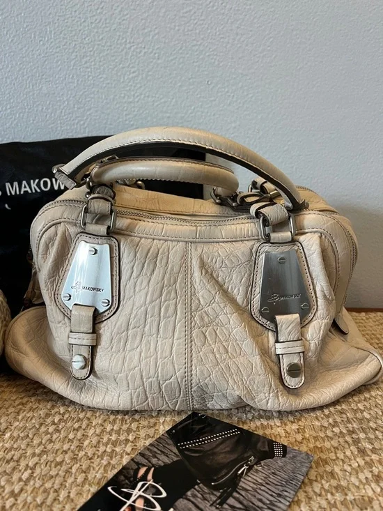 b. makowsky Cream Pebbled Leather Satchel