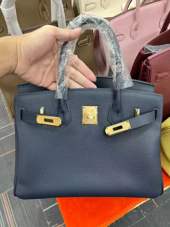 Classic Navy Leather Satchel Handbag H BIRKIN GHW TOGO BLEU NUIT 35 CM