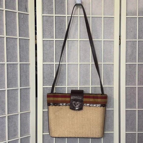 Vintage Brighton Style Y2K Handbag Brown Leather Hearts Trim Plaid Straw Purse