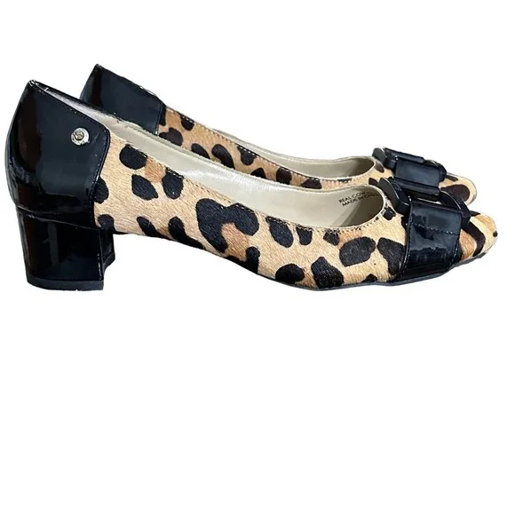 Ellen Tracy Strata Leopard‎ Print Cow Hair Buckle Pumps Black Brown Size 6.5M