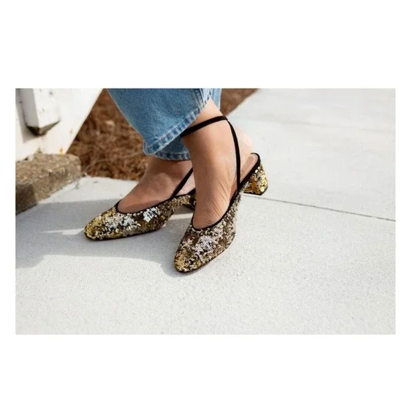 J.Crew Sequin Ankle Strap Pumps Gold Silver Block Heel 8.5 H2647