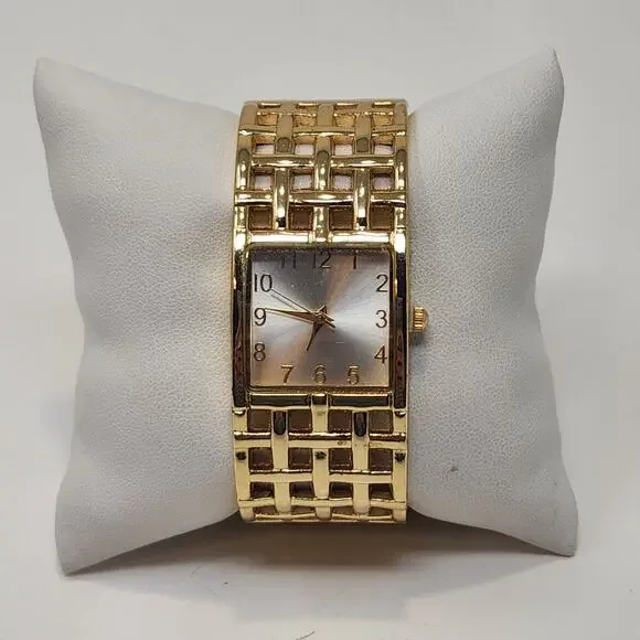 Basket Weave Gold Tone Cuff Bracelet Wristwatch Watch Adjustable Workwear Casual