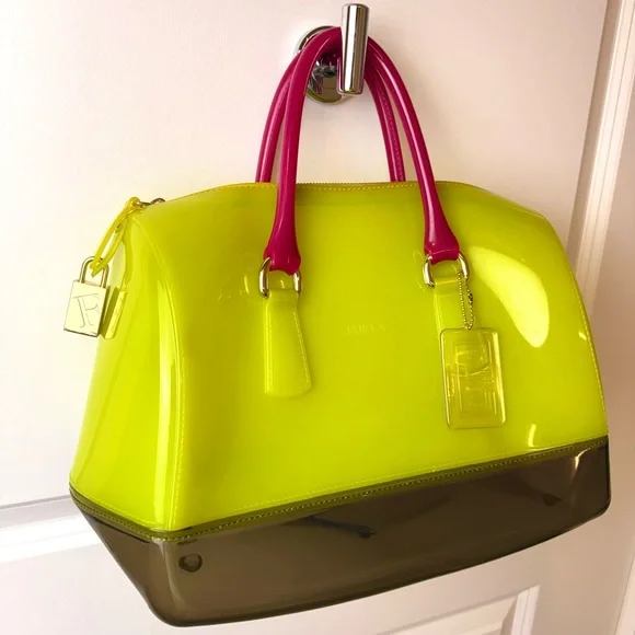 Furla Candy‎ Bag Neon Multicolor Jelly Satchel Rubber Rare Padlock Italy