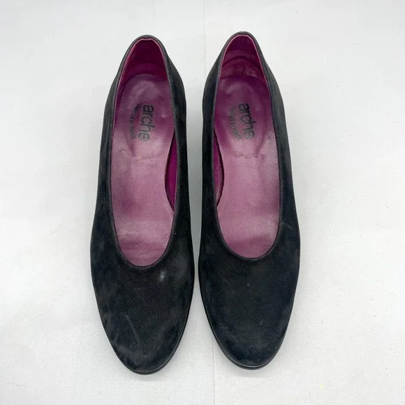 Arche LN Womens 37.5 6.5 Murlay Pumps Shoes Black Nubuck Round Toe Block Heels