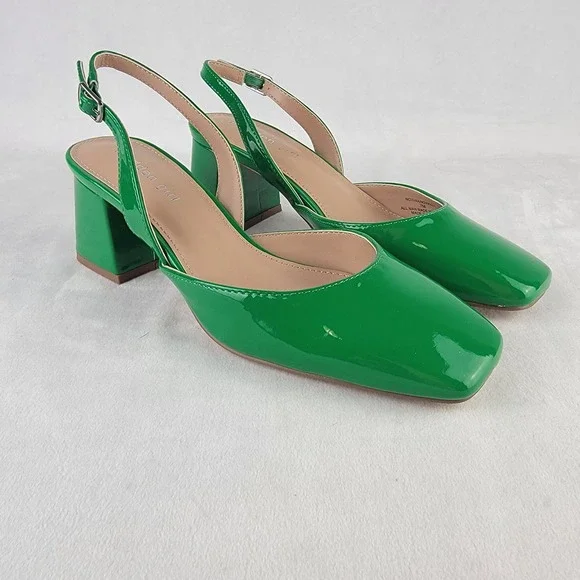 Madden Girl Novvaa Green Patent Slingback Block Heel Square Toe Pumps 7M