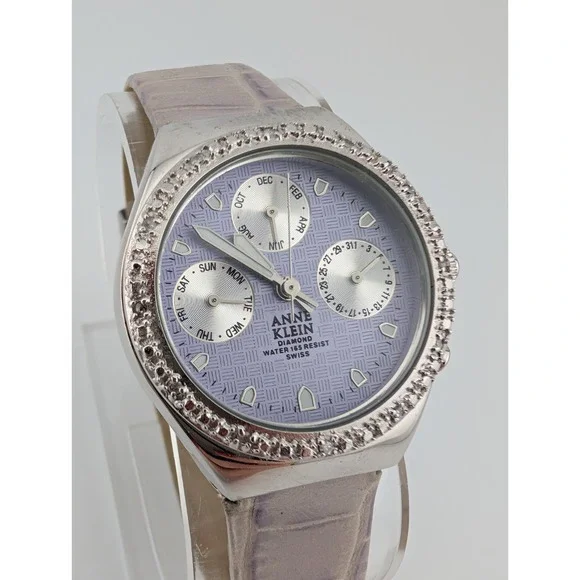 Anne Klein Swiss Diamond Watch Women 32mm Case‎ Purple Leather Band- New Battery