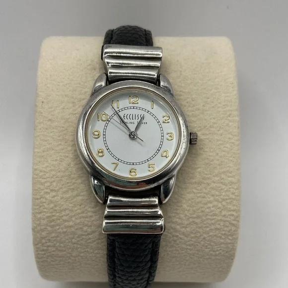 Vintage Ecclissi Sterling Silver Black Leather Band Watch 8 3/4”L